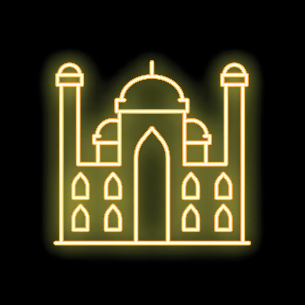 Neon yellow mosque building glowing on black background vector