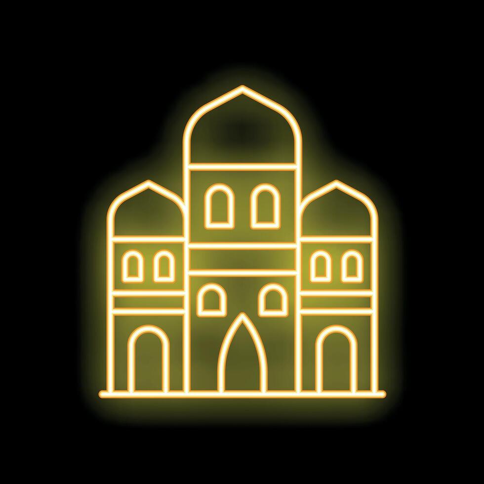 Yellow neon sign of a mosque building glowing on a black background vector