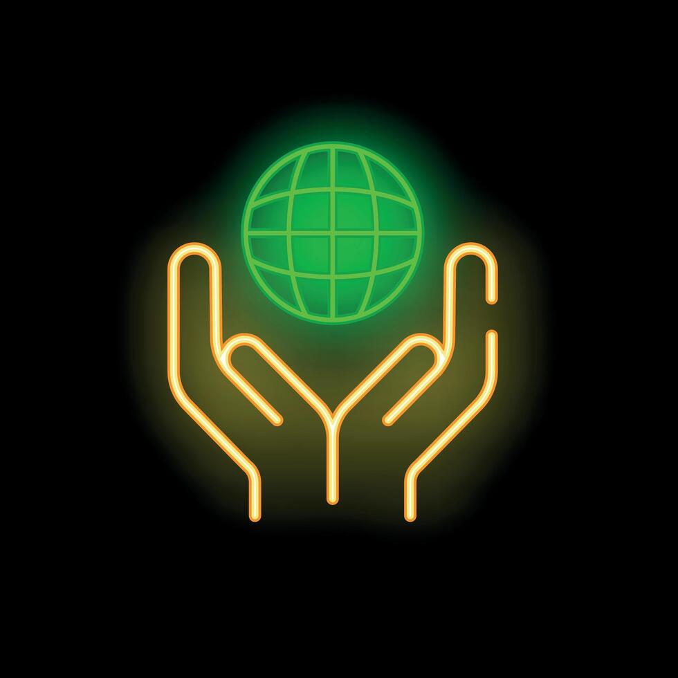 Neon sign of hands holding a glowing green earth icon vector