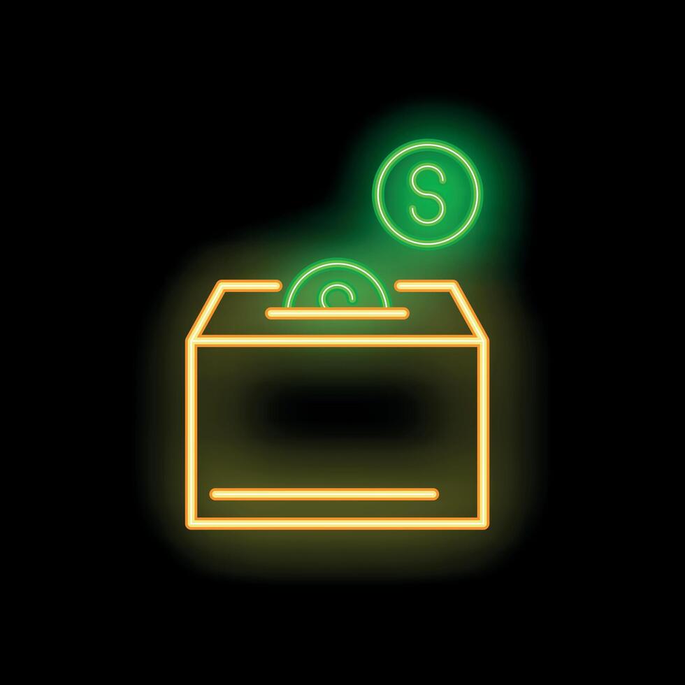 Neon green donation box receiving coin on black background vector