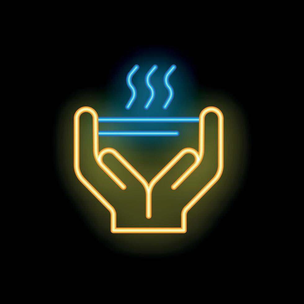 Neon sign of two hands holding steaming bowl of soup vector
