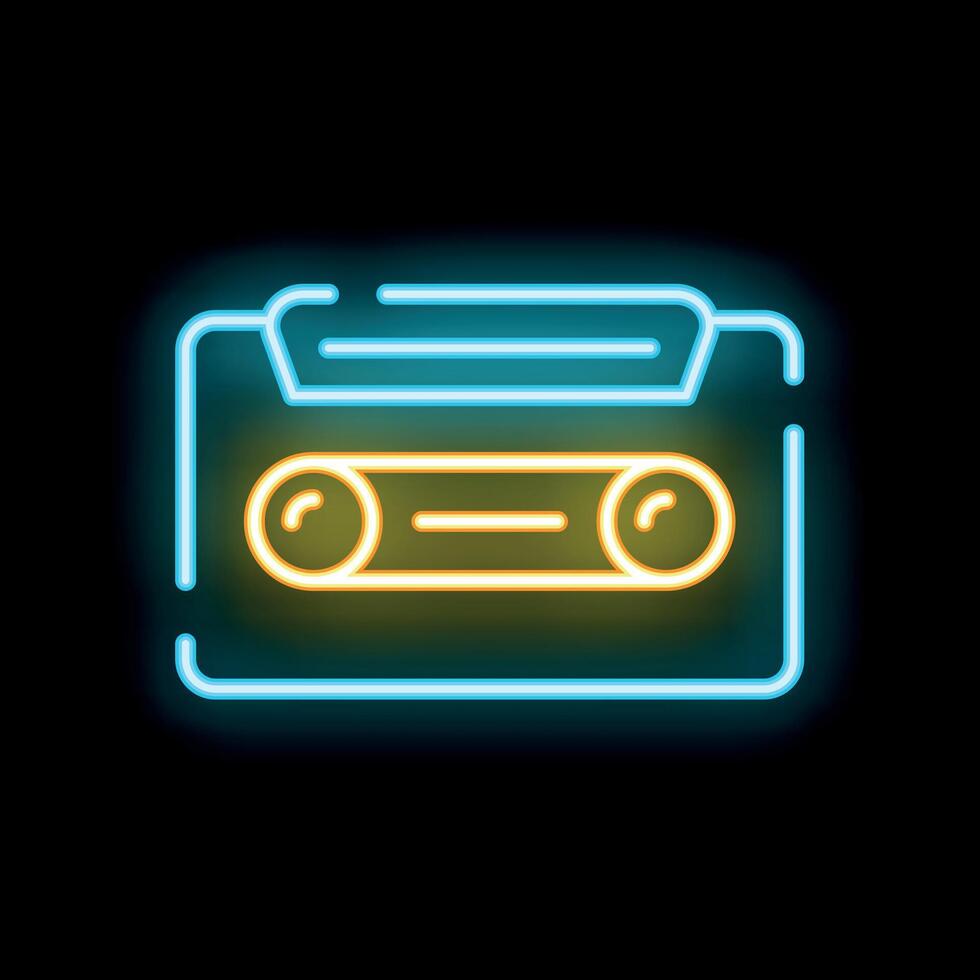 Blue and yellow neon audio cassette glowing on black background vector