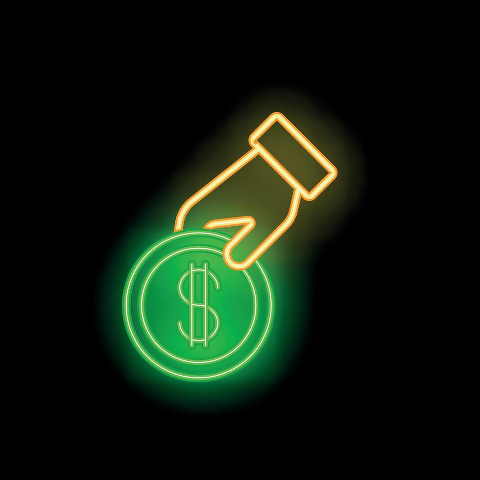 Neon sign of hand picking up a dollar coin vector