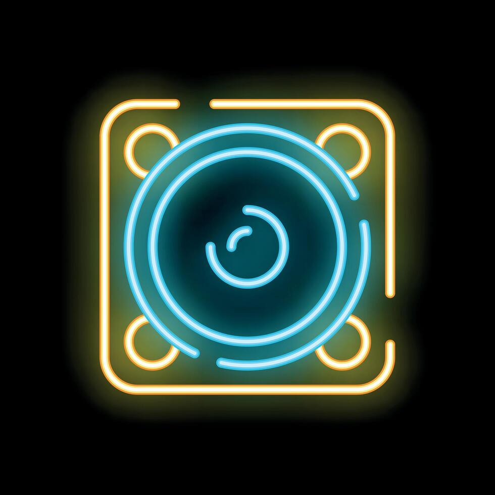 Neon sign representing a subwoofer glowing on a black background vector