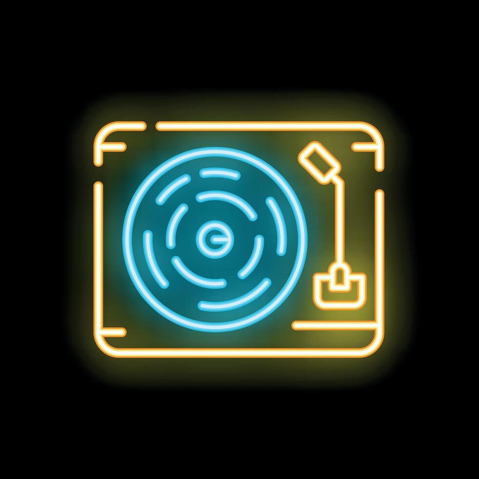 Neon icon of vinyl record player playing music vector