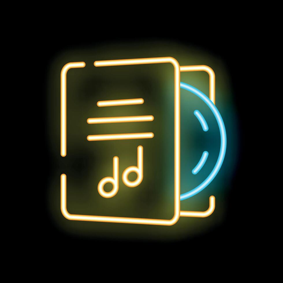 Neon icon of music album with compact disc and notes vector
