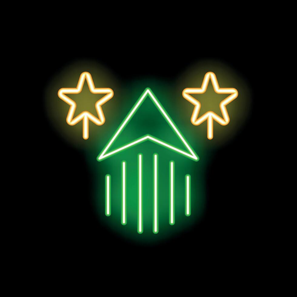 Neon green arrow pointing up between two stars on black background vector