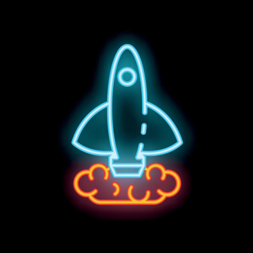 Neon rocket ship launching into space leaving a fiery trail vector