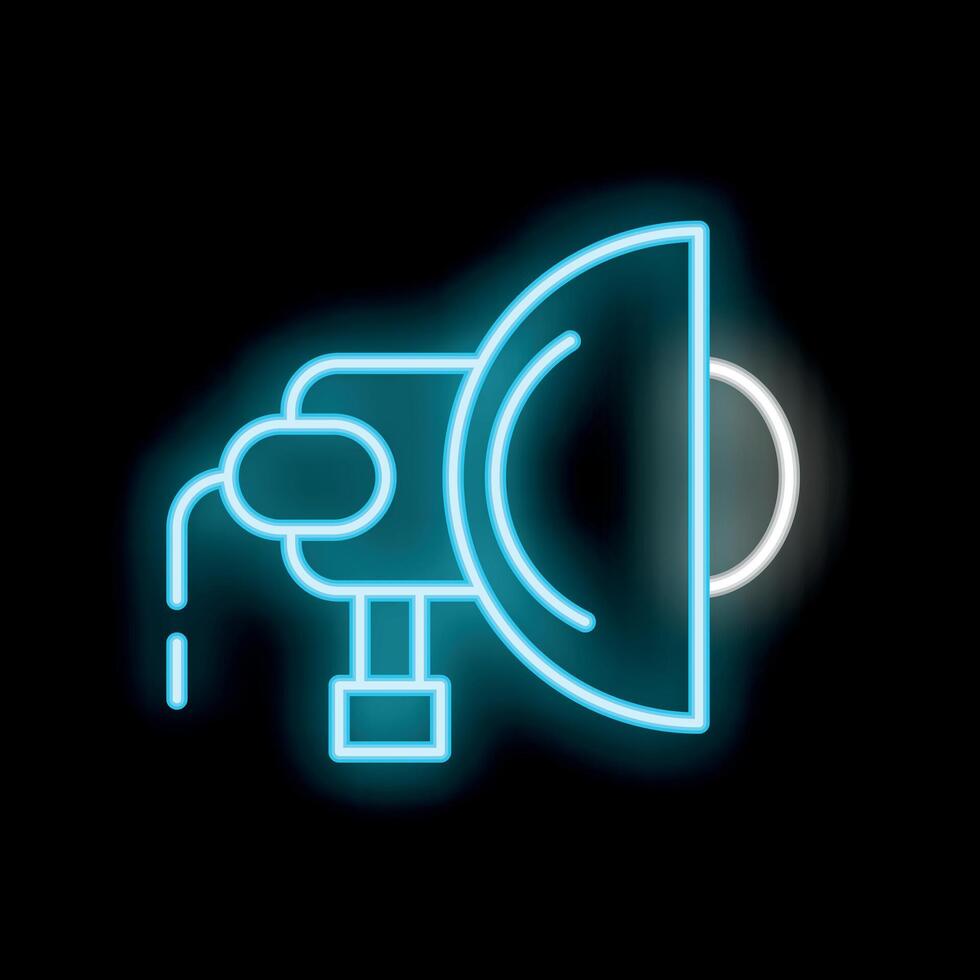 Neon icon of a studio spotlight emitting light on black background vector