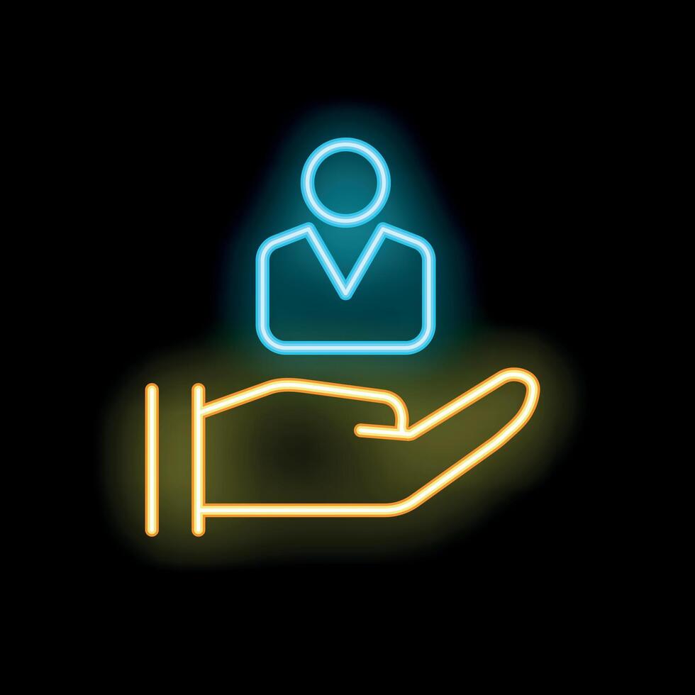 Neon icon of hand holding business person representing customer care vector