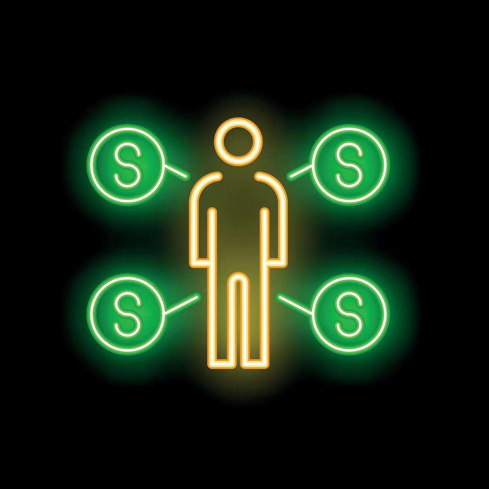 Neon sign businessman connected to money symbol with lines on black background vector