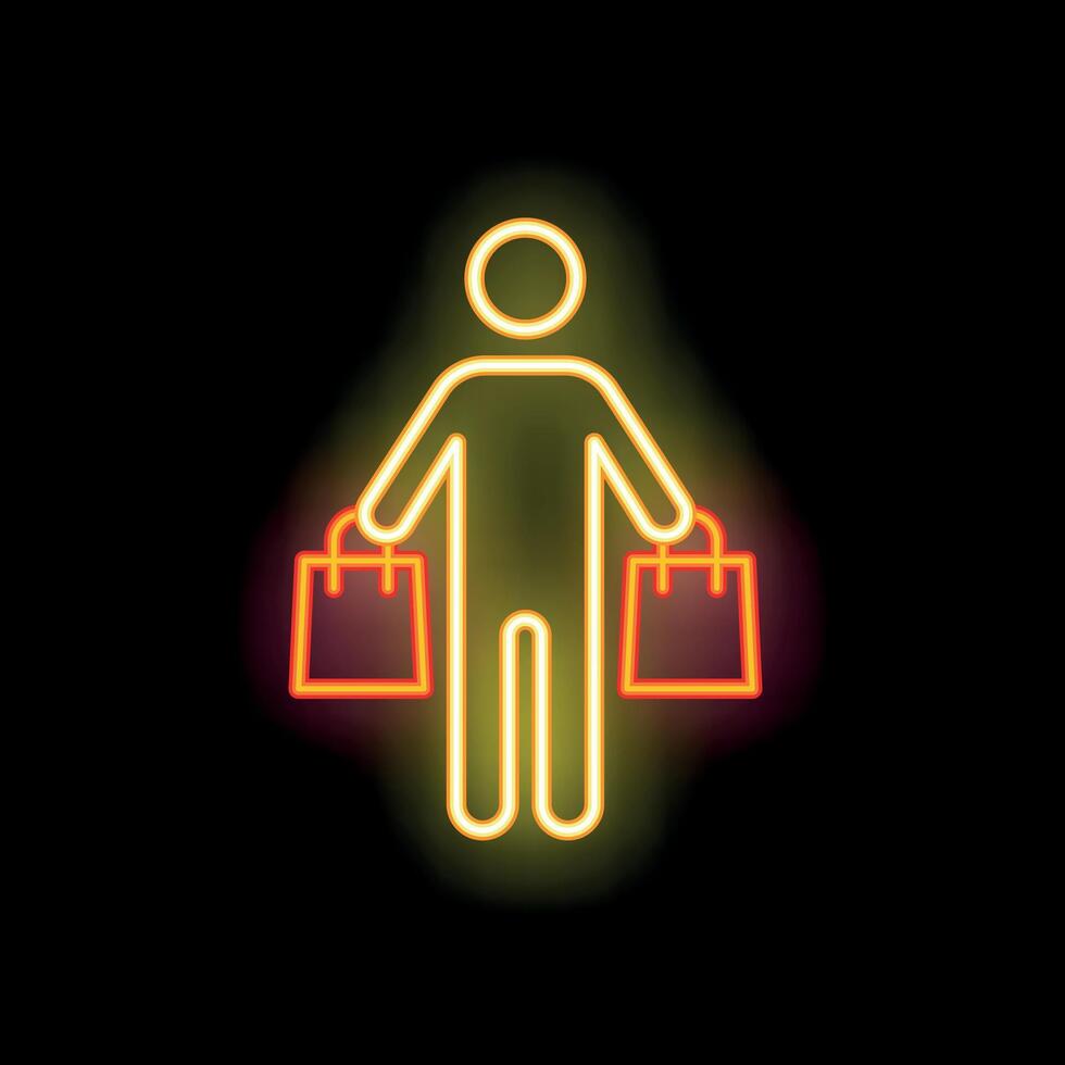 Neon sign of a person holding shopping bags on black background vector