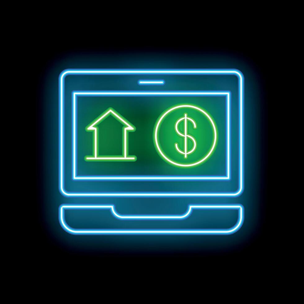 Neon laptop showing increasing house value with dollar symbol inside vector