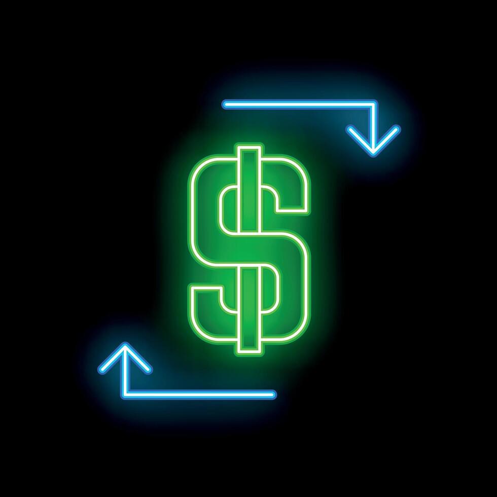 Neon green dollar sign with blue up and down arrows on black background vector