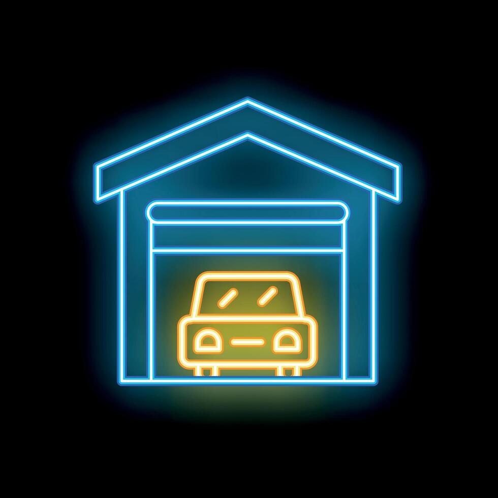Neon icon of a car parked inside a garage representing parking space vector