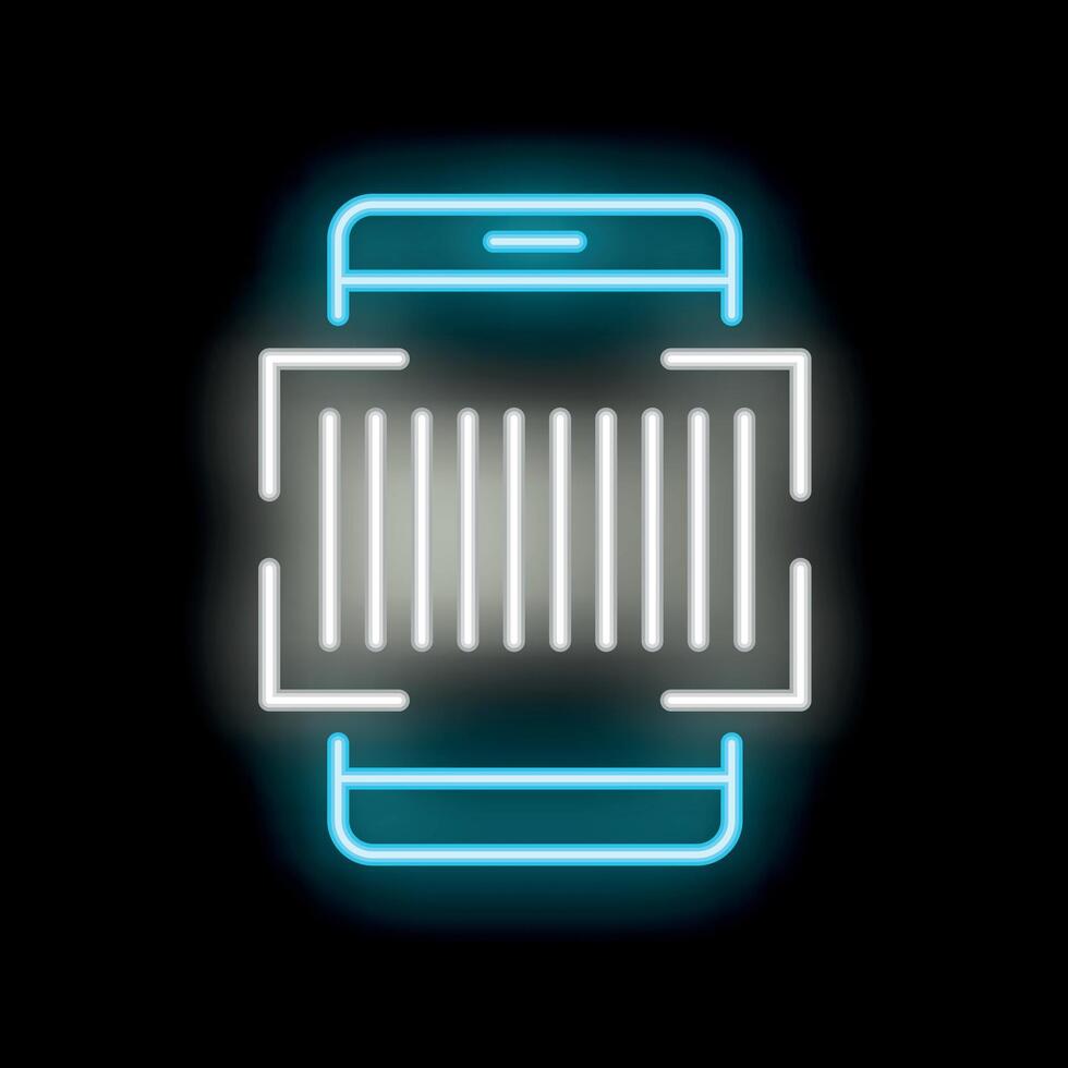 Neon glowing icon of smartphone scanning barcode on black background vector