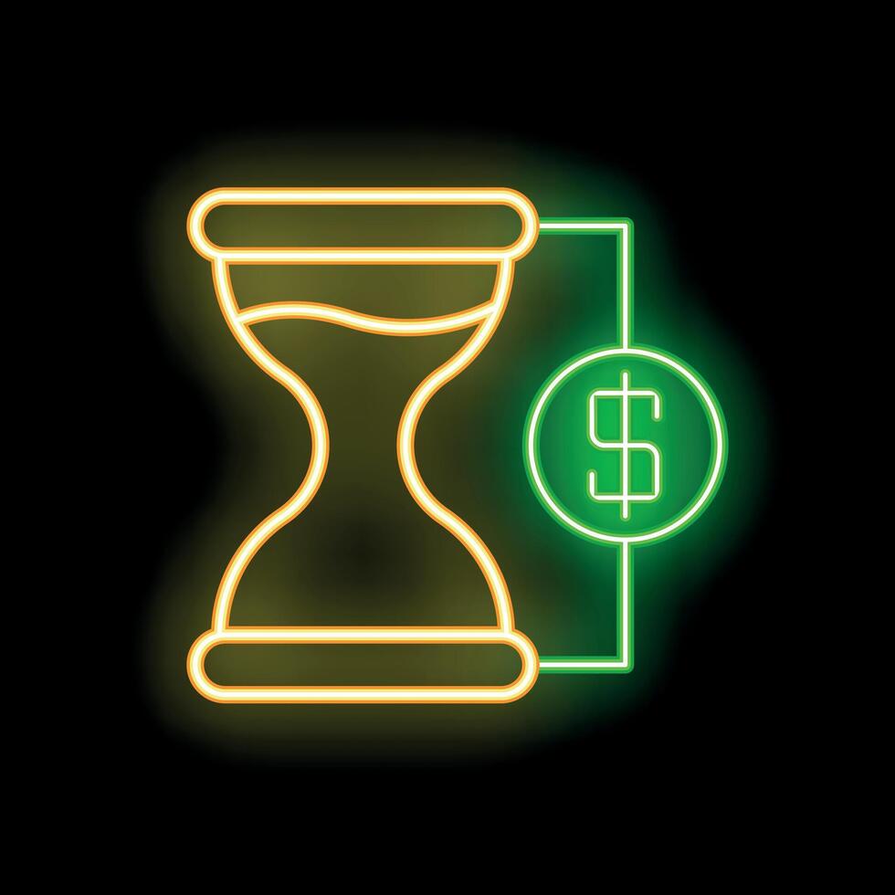 Neon sign of an hourglass connected to a dollar sign representing time is money vector