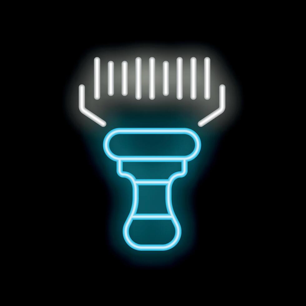 Neon sign of a barcode scanner emitting light rays on black background vector