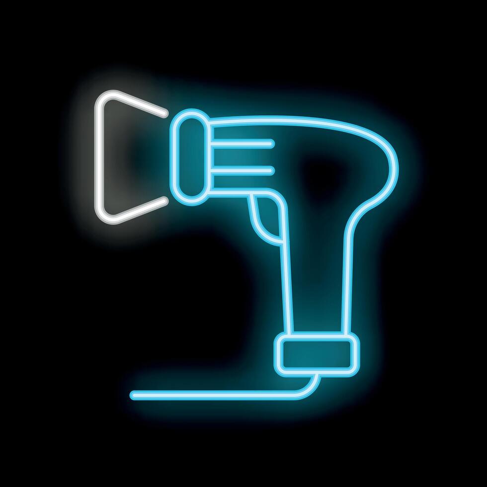 Neon icon of handheld barcode scanner emitting light beam vector