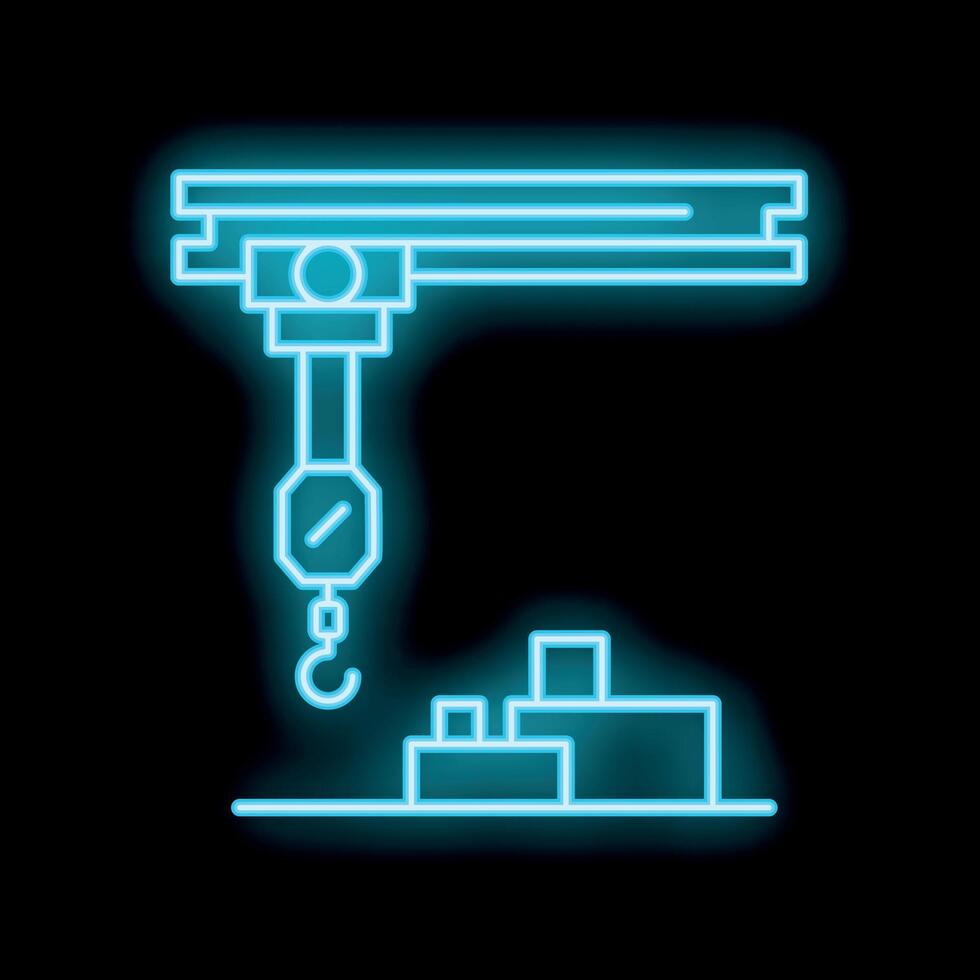 Neon blue overhead crane lifting goods icon vector