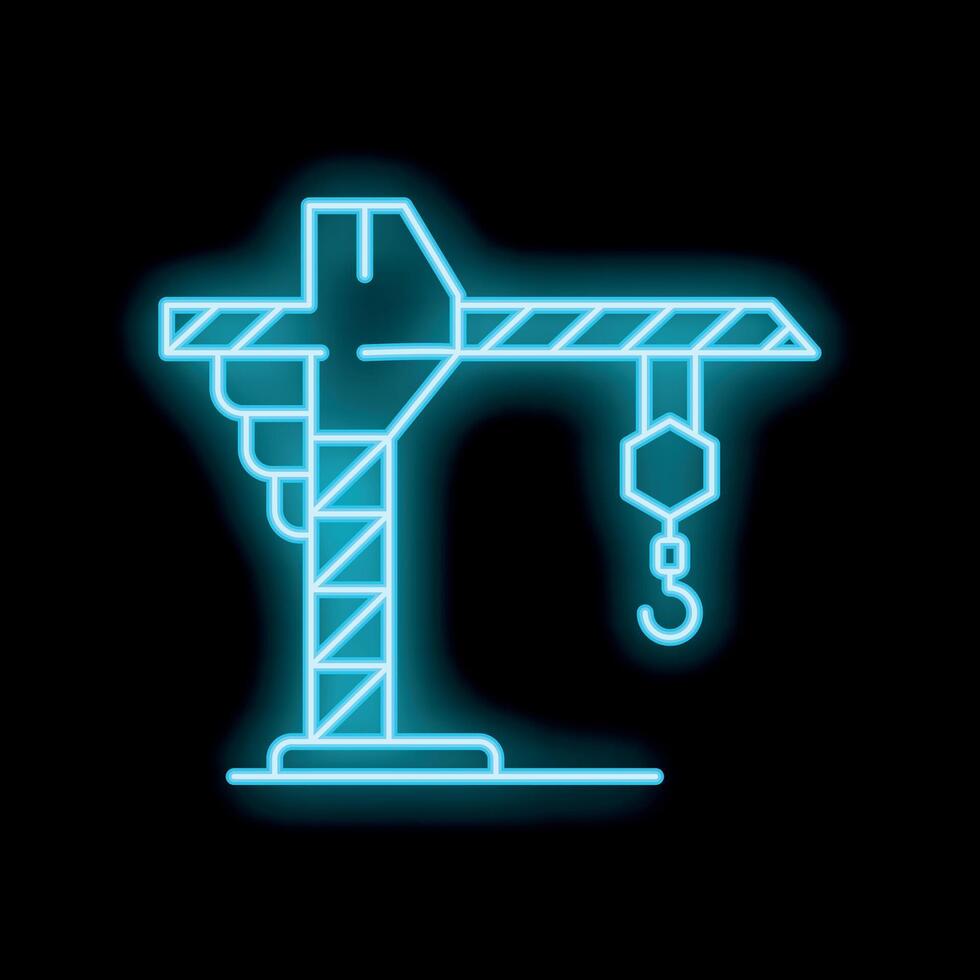 Neon construction crane illuminating building site at night vector