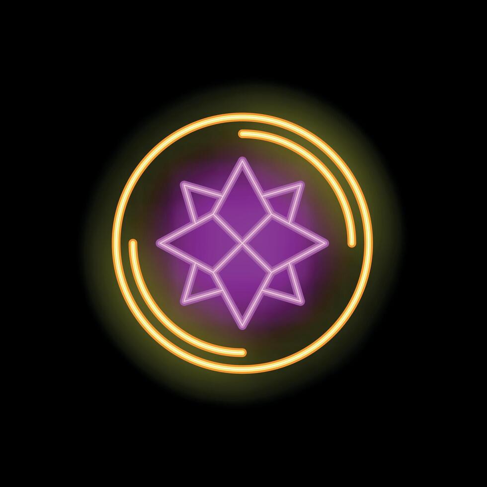 Neon light shining eight pointed star symbol in circle on black background vector