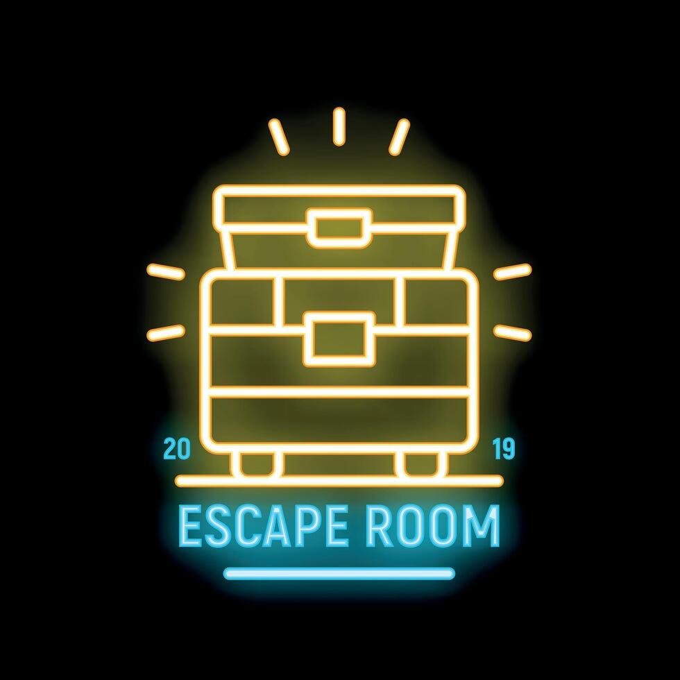 Neon sign of escape room with treasure chests indicating mystery solving vector