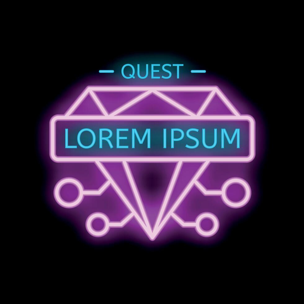Neon quest logo featuring a glowing diamond and circuitry vector