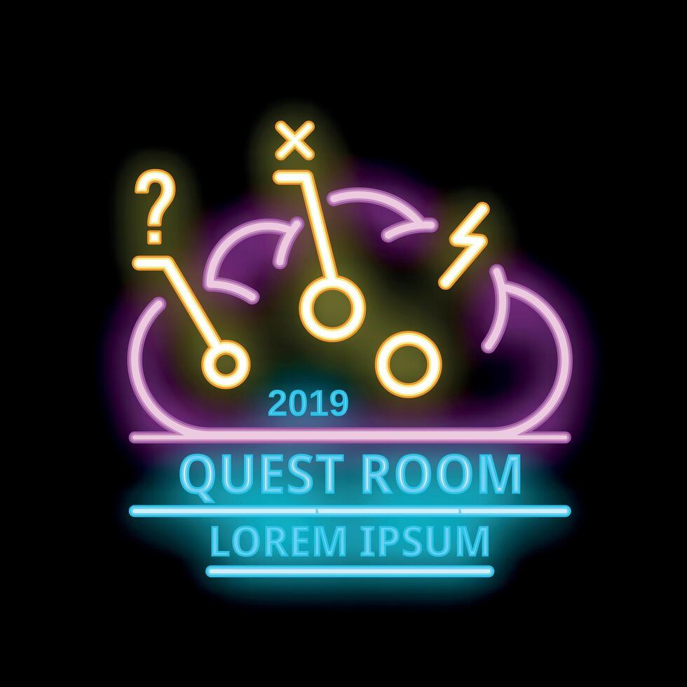Neon sign for quest room showing concept of solving puzzles vector