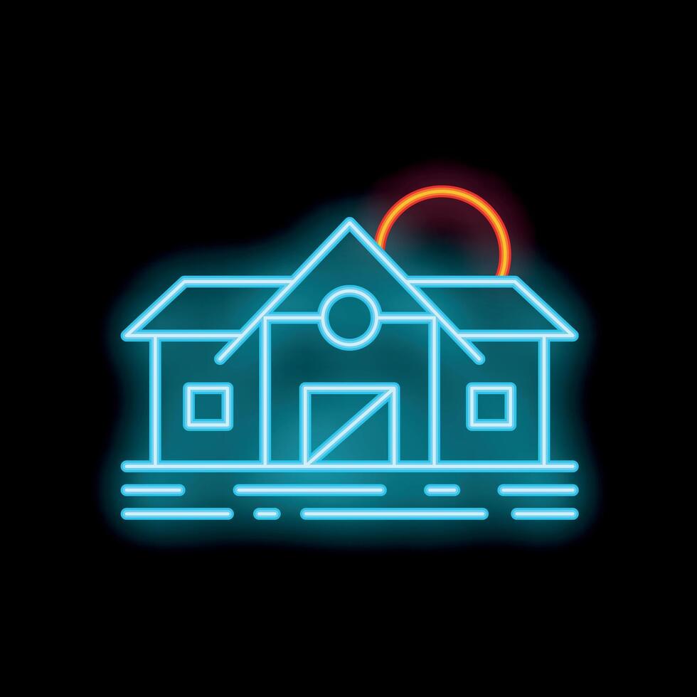 Neon sign representing a farm house at sunset with a blue sky vector