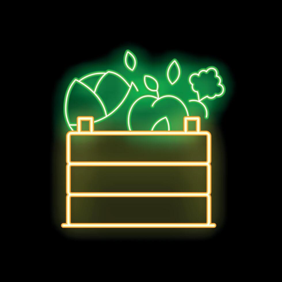 Glowing neon line vegetables in a wooden box on a black background vector