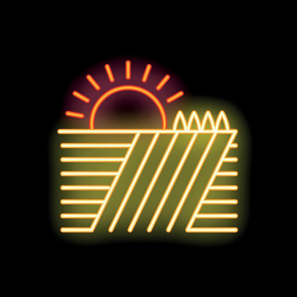 Neon icon of sun rising over farm field at dawn vector
