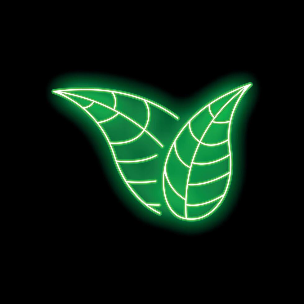 Green neon leaves sign glowing on black background vector
