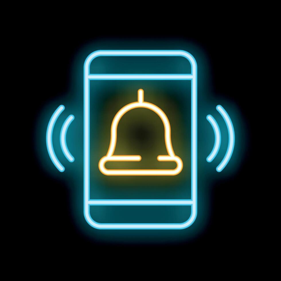 Neon icon of smartphone showing incoming call or notification with ringing bell and sound waves vector