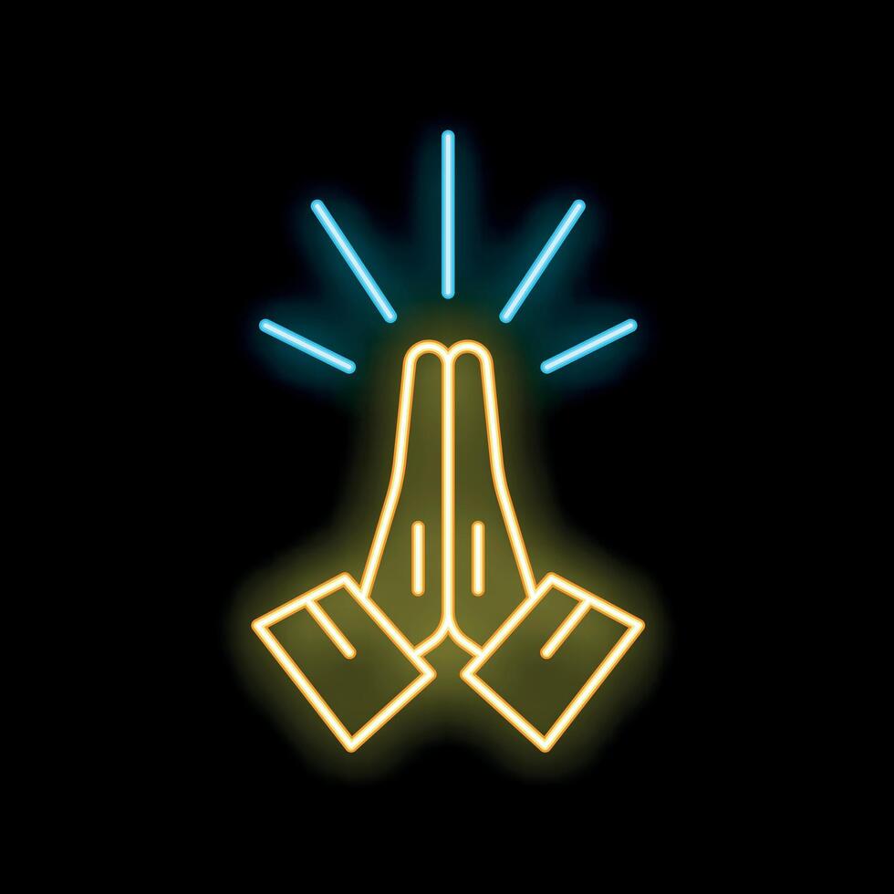 Neon sign of praying hands with light rays on black background vector