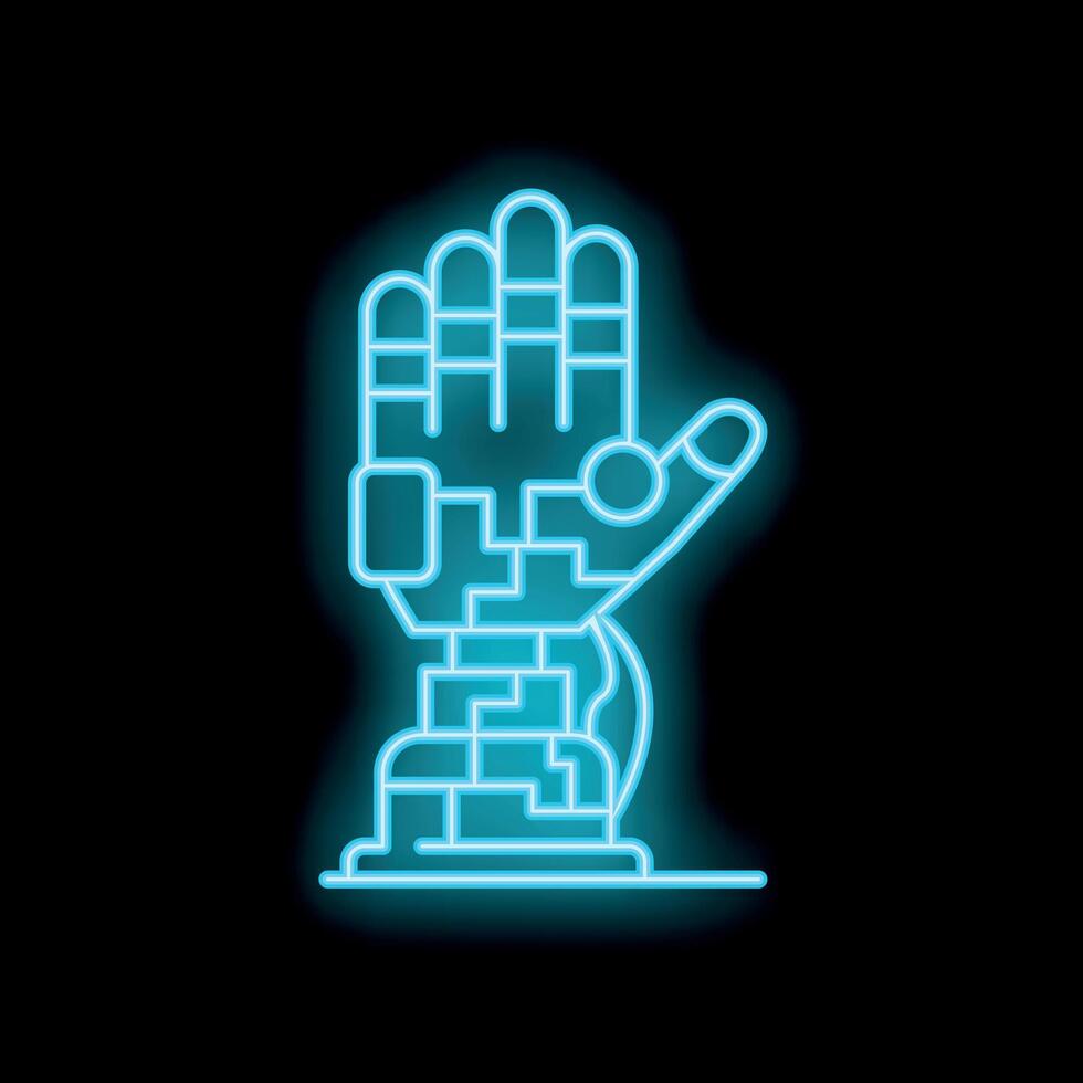Glowing neon line cybernetic robot hand is showing an open palm on a black background vector