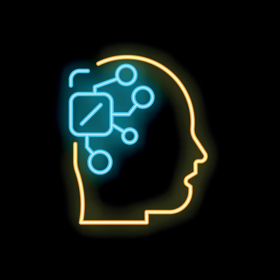 Human head silhouette with digital chip processing data neon sign vector