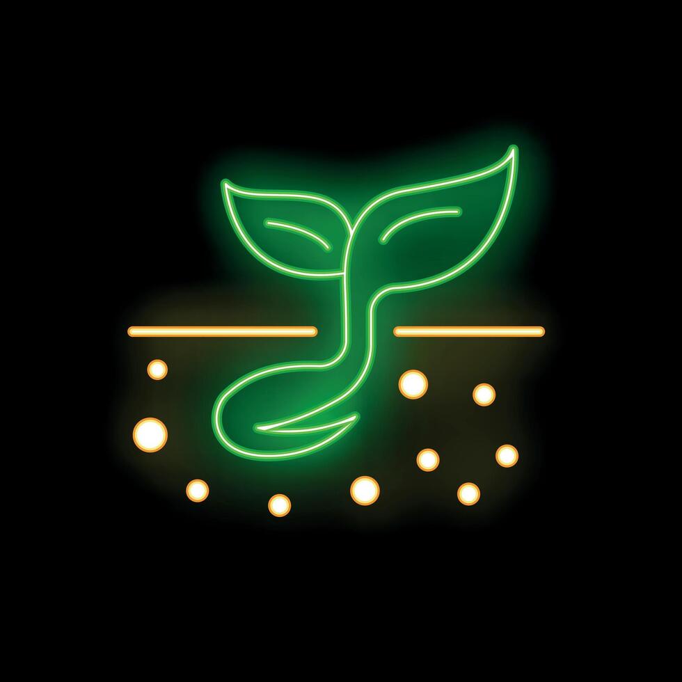 Green neon sprout growing from seed in soil icon vector