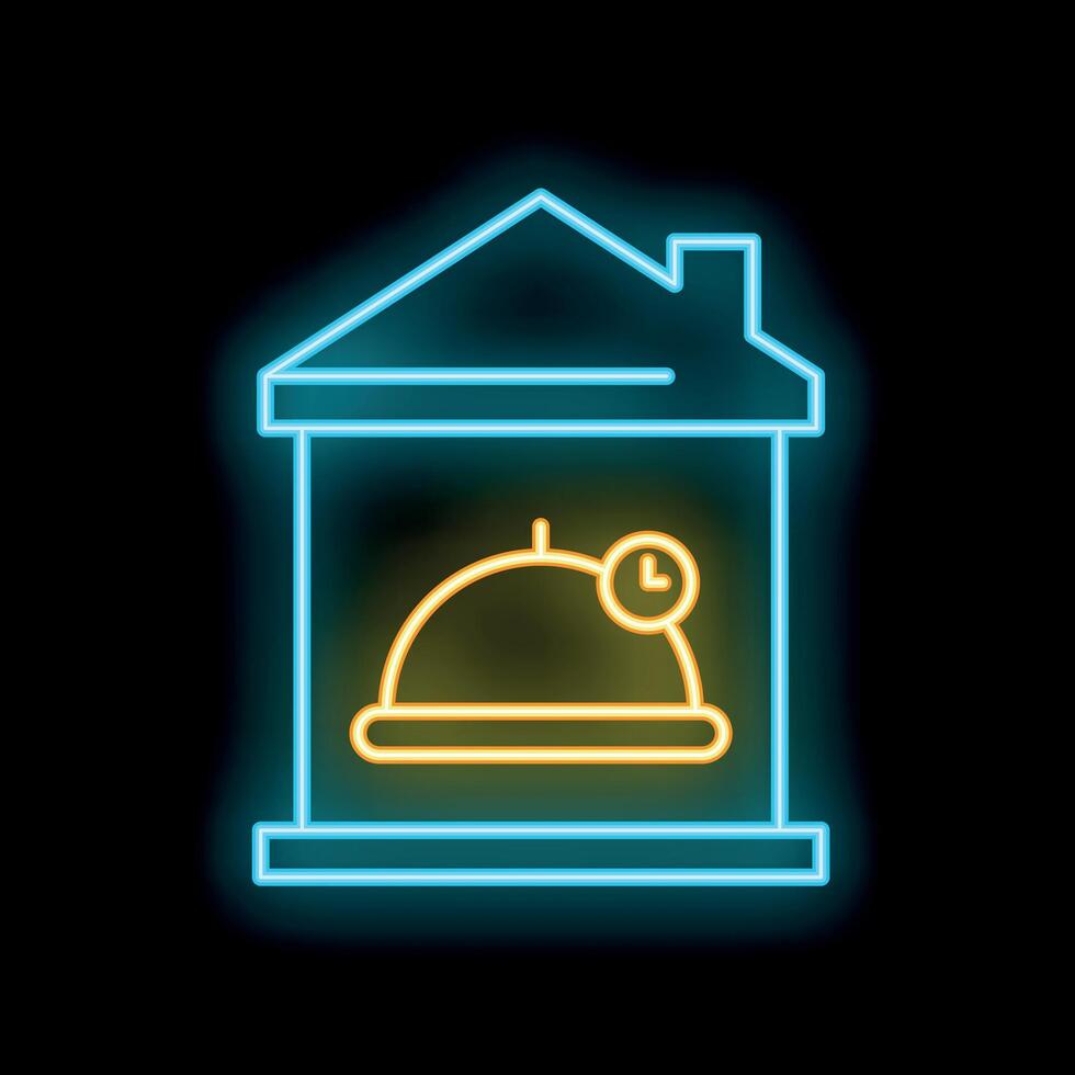 Neon sign indicating restaurant with covered plate and clock icon vector