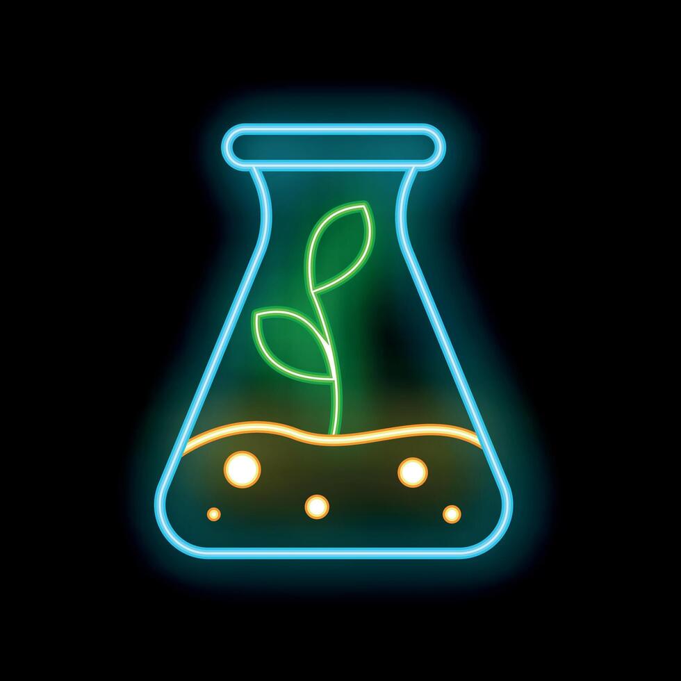 Neon sign showing erlenmeyer flask with sprout growing inside for biotech and chemistry vector
