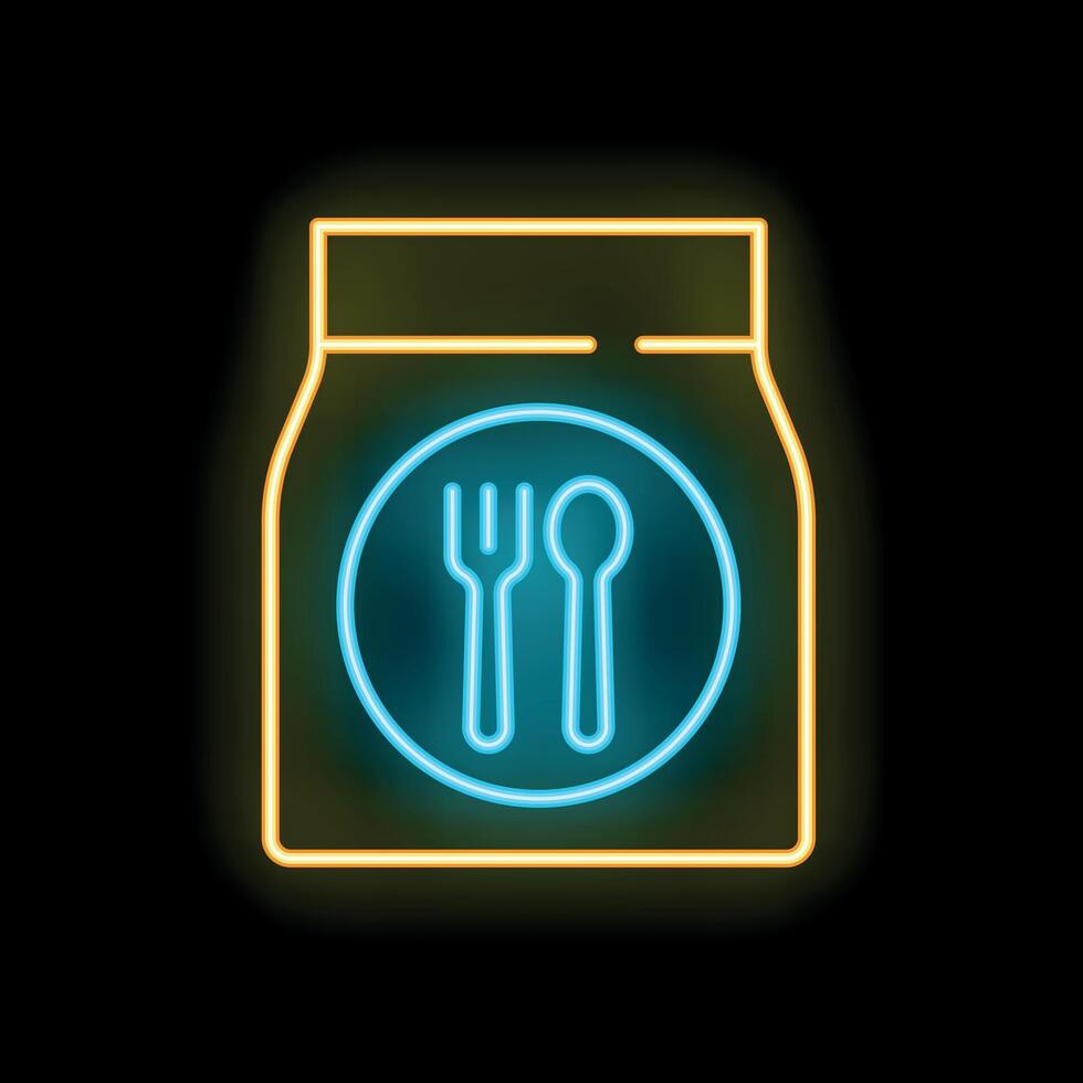 Neon sign of food delivery bag with fork and spoon on black background vector