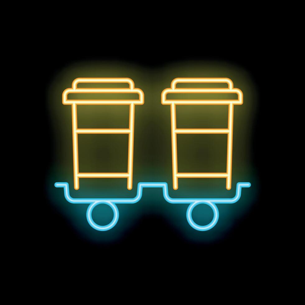 Neon hotel luggage cart with two empty shelves on black background vector