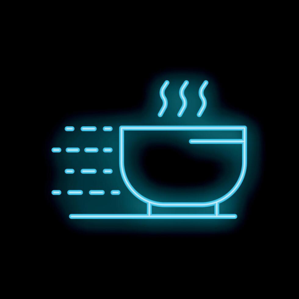 Blue neon sign of steaming hot soup bowl on black background vector