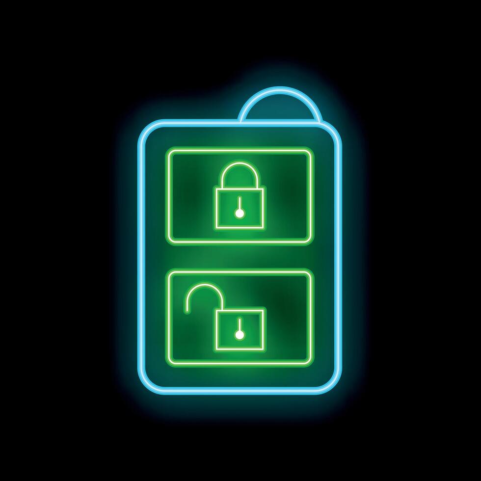 Neon icon showing locked and unlocked padlocks representing cybersecurity vector