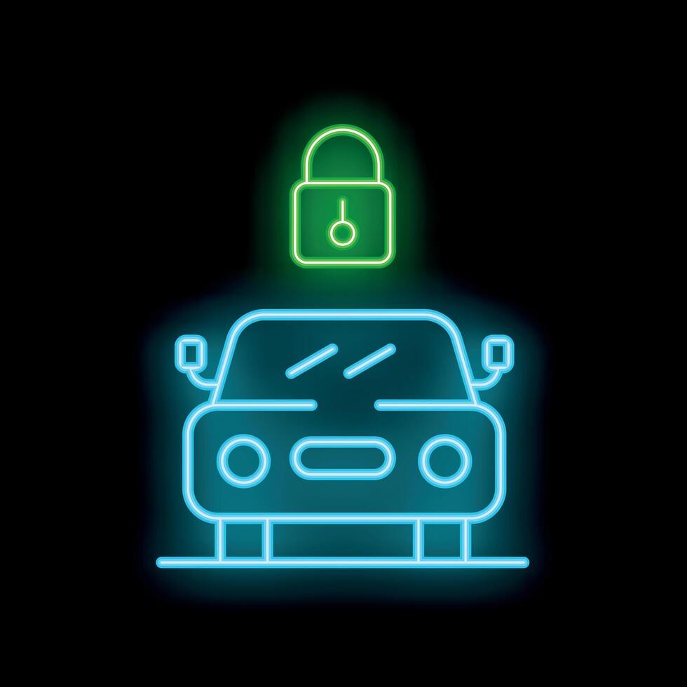 Neon green closed padlock over blue neon car on black background vector