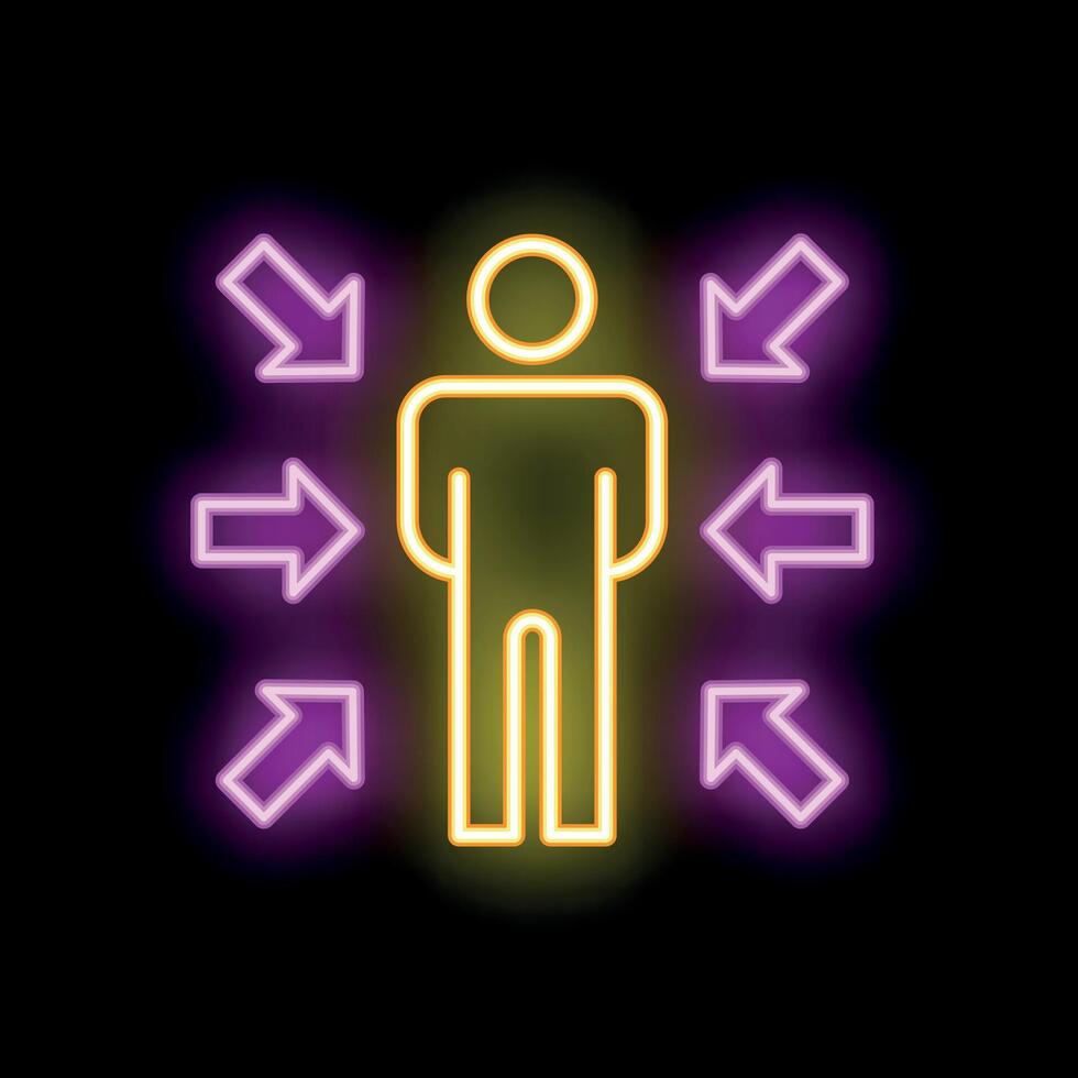 Neon icon of a person standing with arrows pointing inwards representing focus and concentration vector