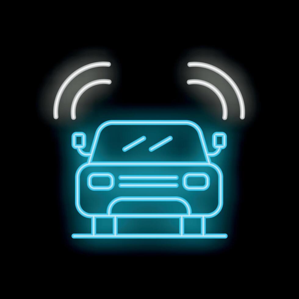 Neon icon of smart or self driving car emitting signals vector