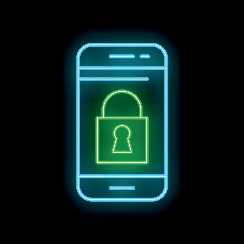 Glowing neon line mobile phone and padlock icon isolated on black background vector