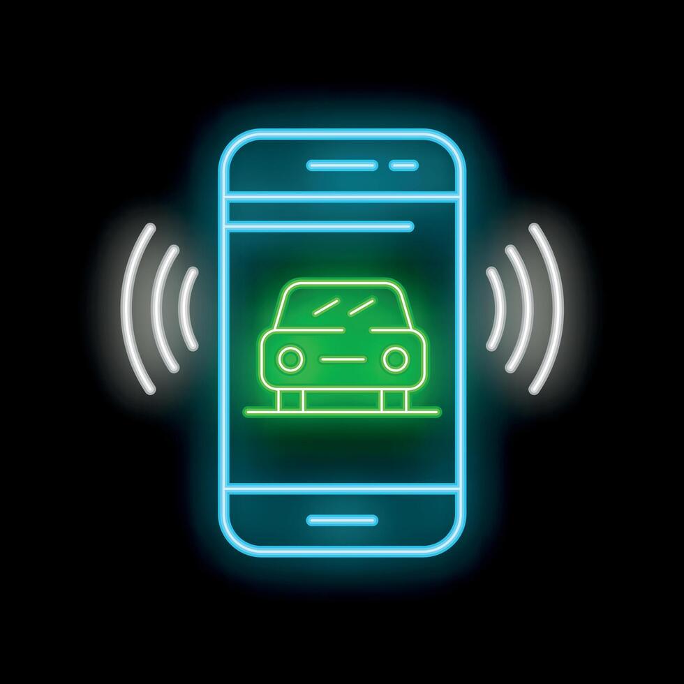 Neon smartphone displaying car sharing app interface with gps signal icon vector