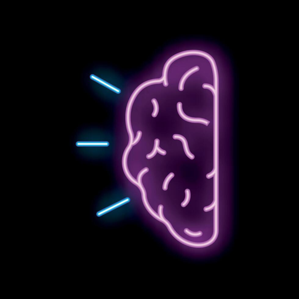 Neon brain receiving information beams on black background vector
